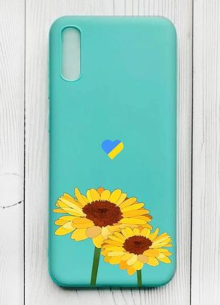 Матовий бірюзовий чохол на xiaomi redmi 9а :: жовті квіти (принт 364)