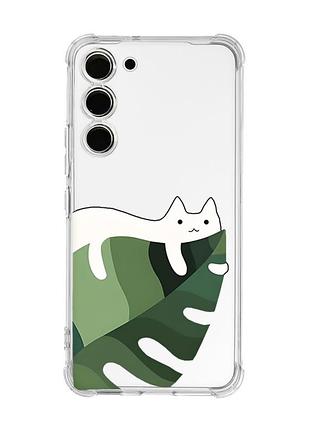 Чохол з потовщеними кутами на samsung galaxy s23 :: кіт на листку (принт 367)