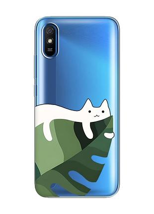 Прозрачный чехол на xiaomi redmi 9a :: кот на листе (принт 367)
