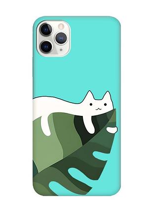 Матовый бирюзовый чехол на iphone 11 pro max (6.5) :: кот на листе (принт 367)