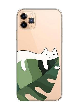 Прозрачный чехол на iphone 11 pro max (6,5) :: кот на листе (принт 367)