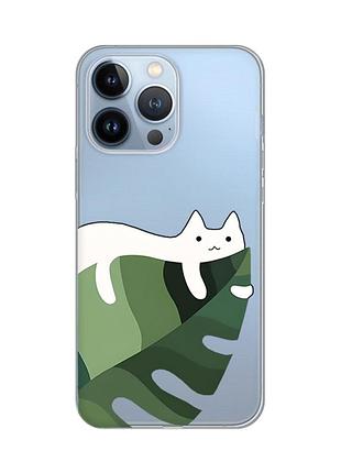 Прозрачный чехол на apple iphone 13 pro :: кот на листе (принт 367)