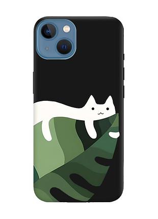 Матовый черный чехол на apple iphone 13 кот на листе (принт 367)