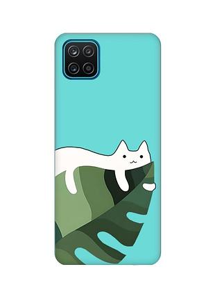 Матовый бирюзовый чехол для samsung galaxy a12 :: кот на листе (принт 367)