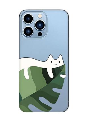 Прозорий чохол на iphone 13 pro max :: кіт на листку (принт 367)