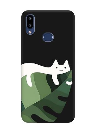 Матовый черный чехол на samsung galaxy a10ѕ a107 кот на листе (принт 367)