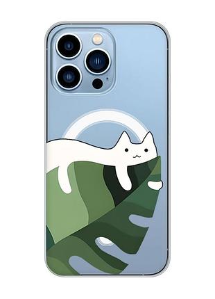 Магнитный чехол на iphone 13 pro max с поддержкой magsafe :: кот на листе (принт 367)