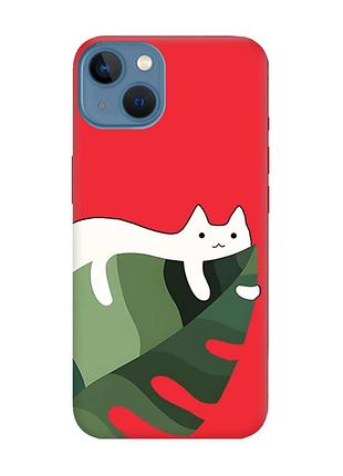 Матовый красный чехол на apple iphone 13 :: кот на листе (принт 367)