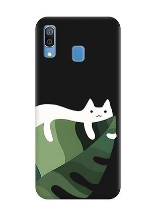 Матовый черный чехол на samsung galaxy a30 (2019) / a20 (2019) кот на листе (принт 367)