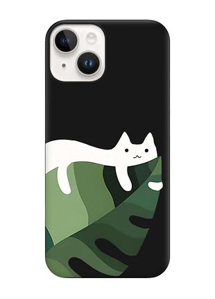 Матовый черный чехол на apple iphone 14 кот на листе (принт 367)