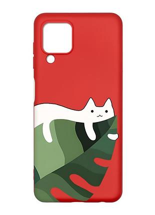Матовый красный чехол на samsung galaxy m32/a22/m22 4g :: кот на листе (принт 367)