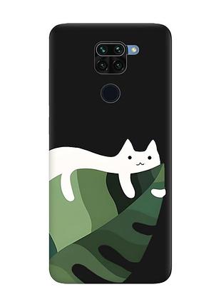 Матовий чорний чохол на xiaomi redmi note 9 кіт на листку (принт 367)
