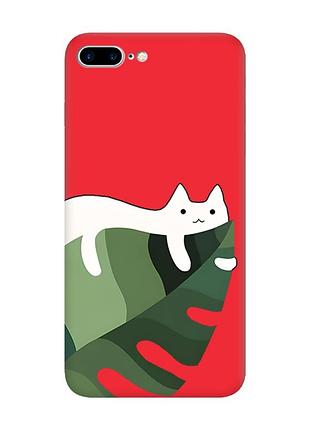 Матовый красный чехол на apple iphone 7 plus / iphone 8 plus :: кот на листе (принт 367)