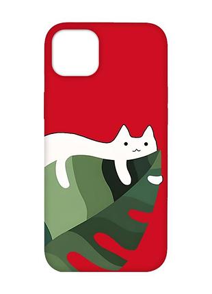 Матовий червоний чохол на iphone 14 plus :: кіт на листку (принт 367)