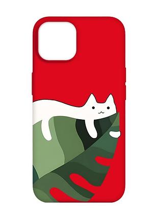 Матовий червоний чохол на apple iphone 14 :: кіт на листку (принт 367)
