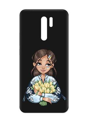 Матовый черный чехол на xiaomi redmi 9 :: девушка с тюльпанами (принт 22)