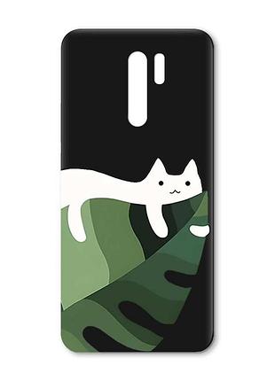 Матовый черный чехол на xiaomi redmi 9 кот на листе (принт 367)