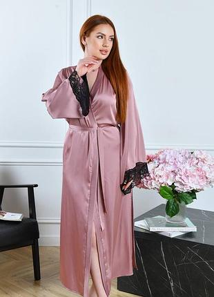Женский шелковый халат до 58 размера с кружевом 2