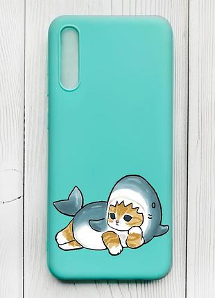 Матовый бирюзовый чехол на samsung galaxy a50 (2019) a505/a30s :: котенок акула (принт 355)