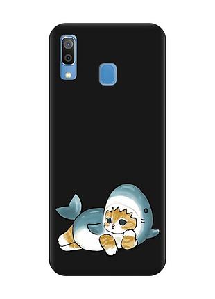 Матовый черный чехол на samsung galaxy a30 (2019) / a20 (2019) :: котенок акула (принт 355)