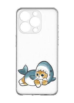 Прозрачный чехол с защитой камеры на iphone 15 pro :: котенок акула (принт 355)