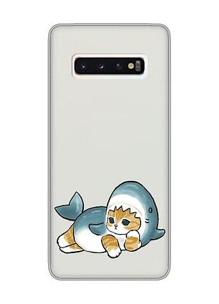 Прозрачный чехол на samsung galaxy s10 :: котенок акула (принт 355)