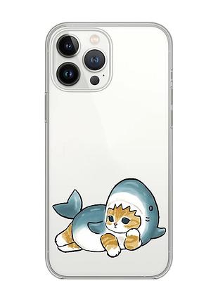 Прозрачный чехол с защитой камеры на iphone 14 pro max :: котенок акула (принт 355)