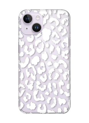 Прозрачный чехол с защитой камеры на iphone 14 :: леопардовый принт белый (принт 375)