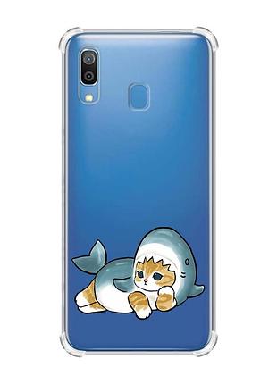 Чехол с утолщёнными углами на samsung galaxy a30 (2019) / a20 (2019) :: котенок акула (принт 355)