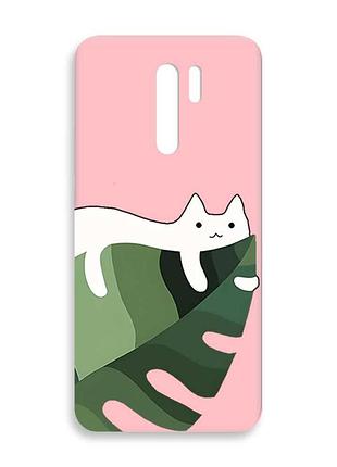 Матовый розовый чехол на xiaomi redmi 9 :: кот на листе (принт 367)