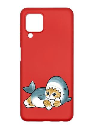 Матовый красный чехол на samsung galaxy m32/a22/m22 4g :: котенок акула (принт 355)