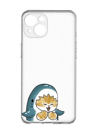 Прозрачный чехол с защитой камер на iphone 15 :: котёнок акула (принт 376)