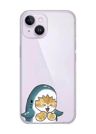 Прозрачный чехол с защитой камеры на iphone 14 :: котёнок акула (принт 376)