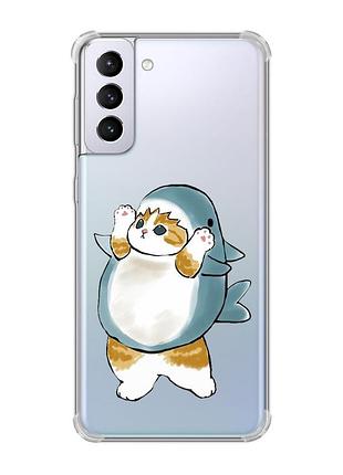 Чохол з потовщеними кутами на samsung galaxy s21 plus :: котик акула (принт 379)