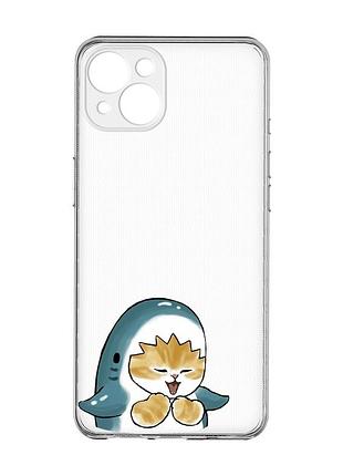 Прозрачный чехол с защитой камер на iphone 15 plus :: котёнок акула (принт 376)