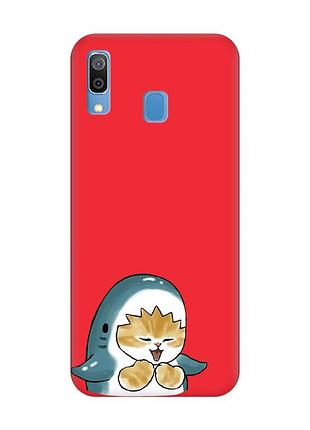 Матовый красный чехол на samsung galaxy a30 (2019) / a20 (2019) :: котёнок акула (принт 376)