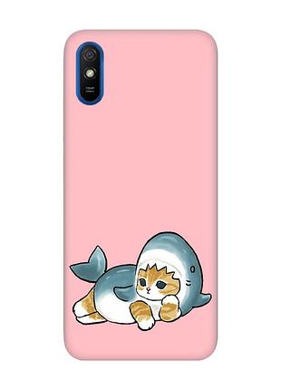 Матовый розовый чехол на xiaomi redmi 9a :: котенок акула (принт 355)