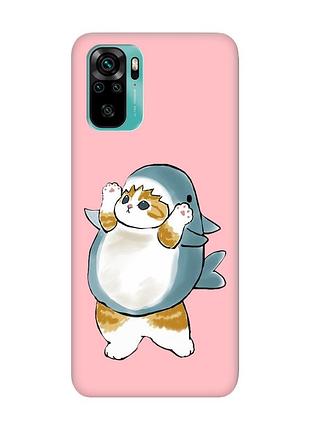 Матовый розовый чехол на xiaomi redmi note 10 / note 10s :: котенок акула (принт 379)
