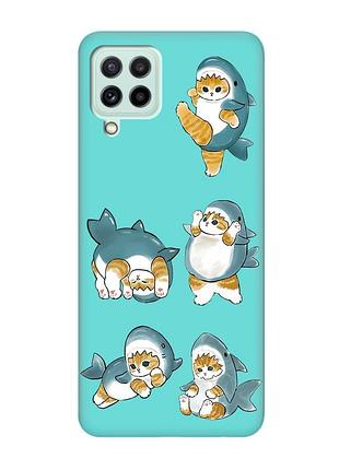 Матовый бирюзовый чехол на samsung galaxy m32/m22/a22 4g :: котенки акулы (принт 381)