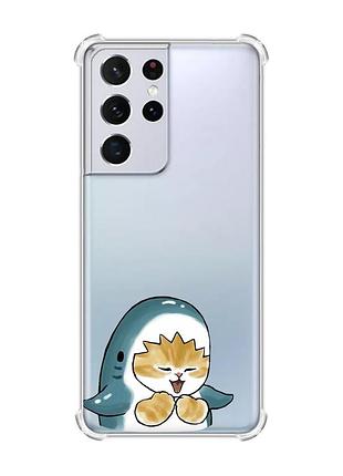Чехол с утолщёнными углами на samsung galaxy s21 ultra :: котёнок акула (принт 376)