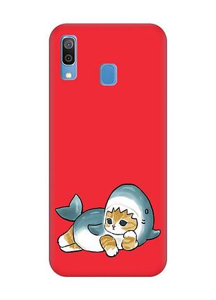 Матовий червоний чохол на samsung galaxy a30 (2019) / a20 (2019) :: котик акула (принт 355)