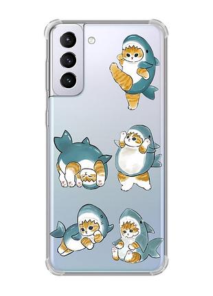 Чехол с утолщёнными углами на samsung galaxy s21 plus :: котенки акулы (принт 381)