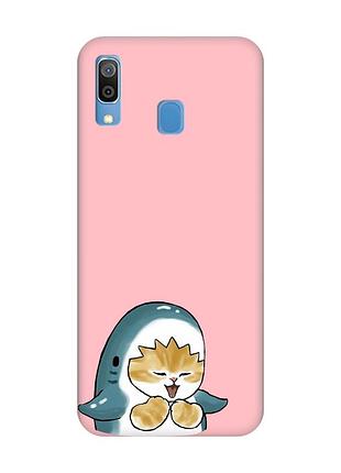 Матовый розовый чехол на samsung galaxy a30 (2019) / a20 (2019) :: котёнок акула (принт 376)