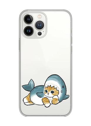 Прозрачный чехол с защитой камеры на iphone 14 pro :: котенок акула (принт 355)