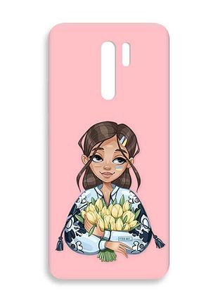 Матовый розовый чехол на xiaomi redmi 9 :: девушка с тюльпанами (принт 22)