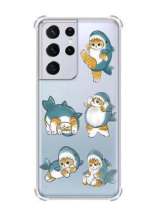 Чехол с утолщёнными углами на samsung galaxy s21 ultra :: котенки акулы (принт 381)