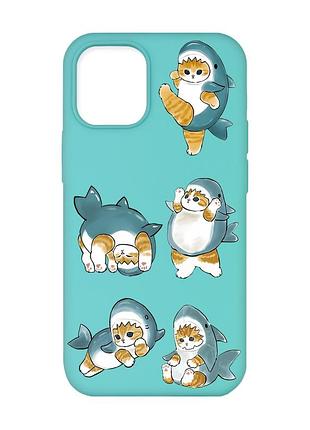 Матовый бирюзовый чехол на iphone 12 / 12 pro (6.1) :: котенки акулы (принт 381)