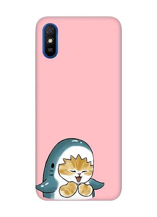 Матовый розовый чехол на xiaomi redmi 9a :: котёнок акула (принт 376)