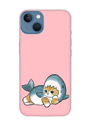 Матовый розовый чехол на apple iphone 13 :: котенок акула (принт 355)