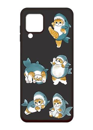 Матовый черный чехол на samsung galaxy m32 / a22 / m22 4g :: котенки акулы (принт 381)